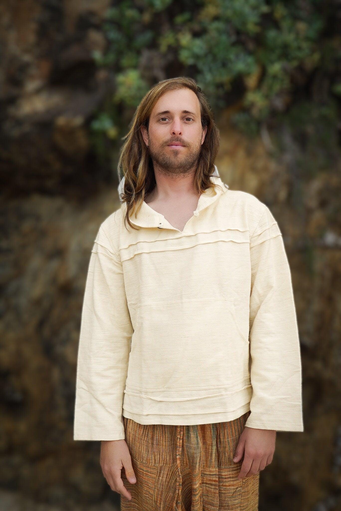 Natural Cotton Hoodie, Men Natural Clothing, Boho Clothing, Men Jumper, Hippie Hoodie, Psytrance Clothing, Indian Hoodie, Earthy Sweatshirt