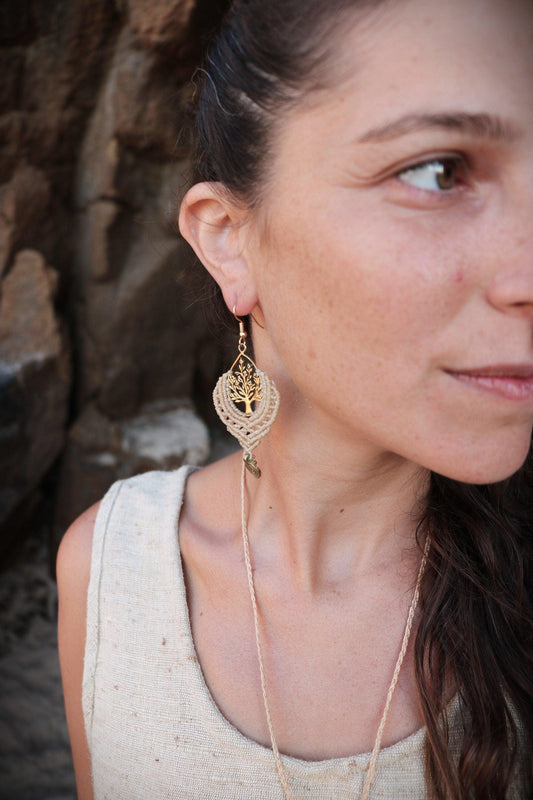 Tree of Life Macramé Earrings, Handmade Macramé Earrings, Earthy Macramé Earrings, Macramé Earrings with Gold Charm, Boho Jewelry