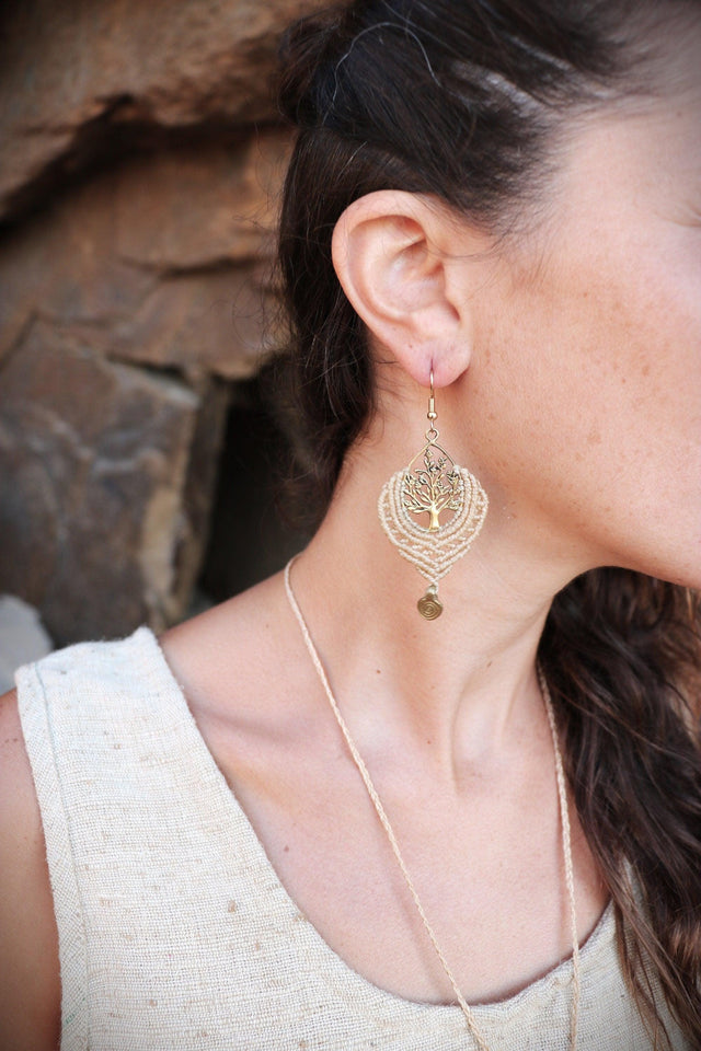 Tree of Life Macramé Earrings, Handmade Macramé Earrings, Earthy Macramé Earrings, Macramé Earrings with Gold Charm, Boho Jewelry