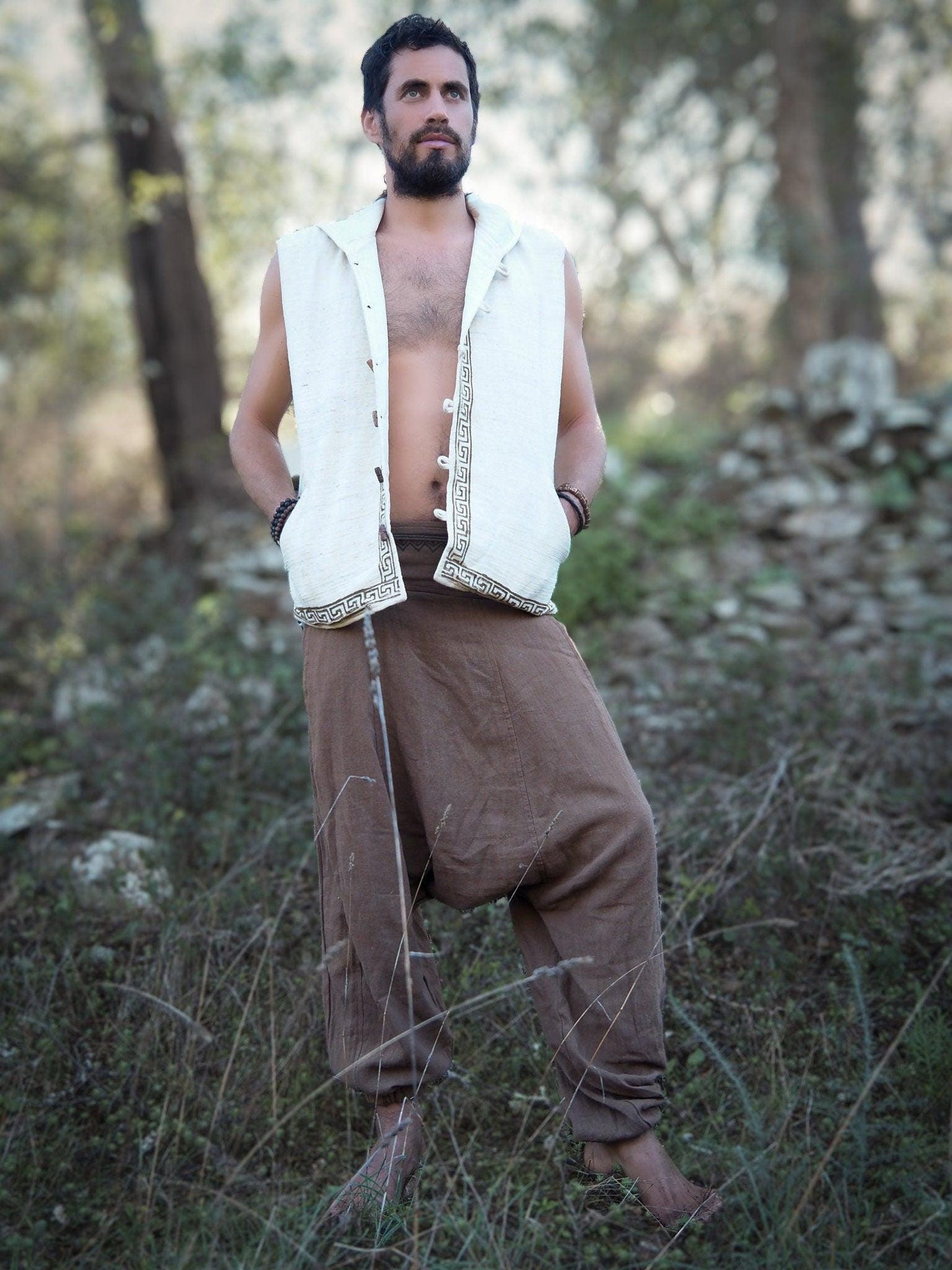Men's Tribal Hooded Vest, Hoodie Vest, Men Waistcoat, Khadi Cotton Vest, Earthy Clothing, Hooded Shirt, Organic Men's Wear, Hand Made Vest