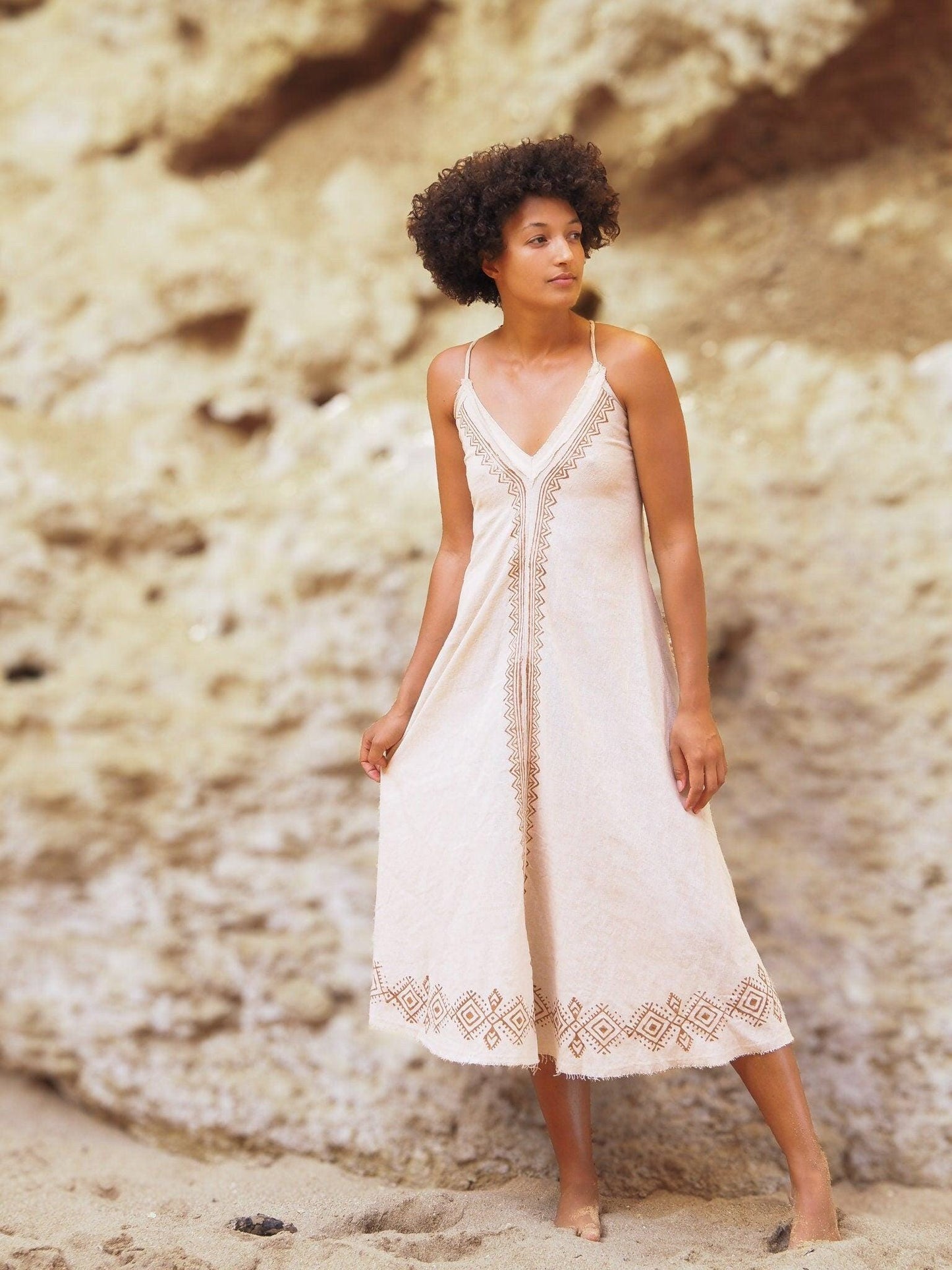 Earthy Goddess Block Print Dress, Raw Cotton Maxi Dress, White Long Cotton Dress, Long Boho Dress, Natural Earthy Clothing, Festival Wear