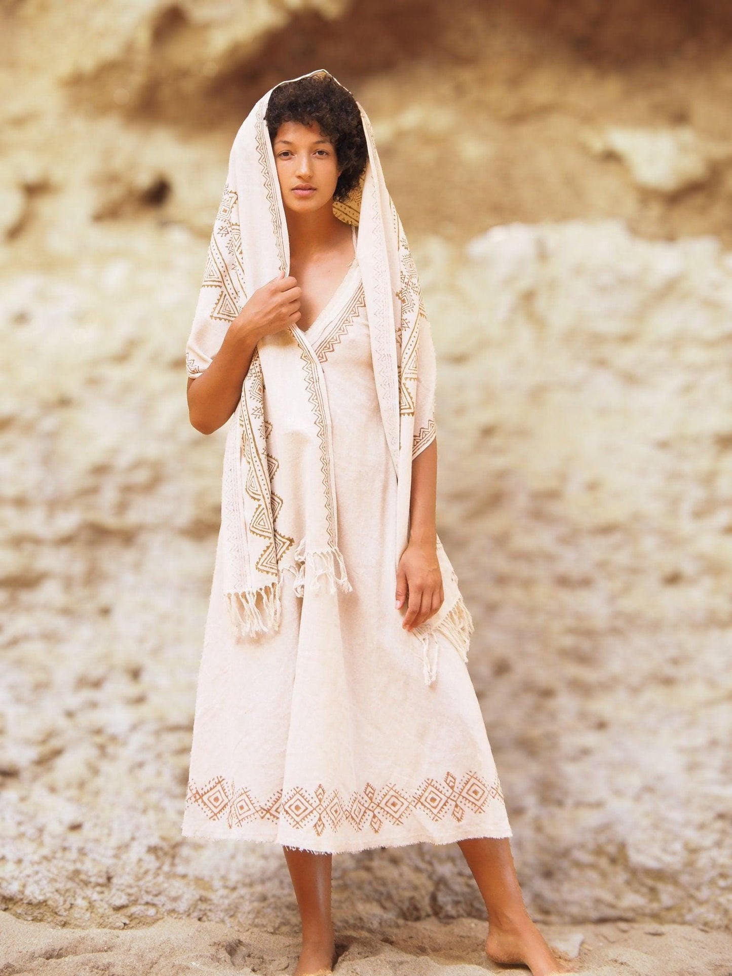 Earthy Goddess Block Print Dress, Raw Cotton Maxi Dress, White Long Cotton Dress, Long Boho Dress, Natural Earthy Clothing, Festival Wear