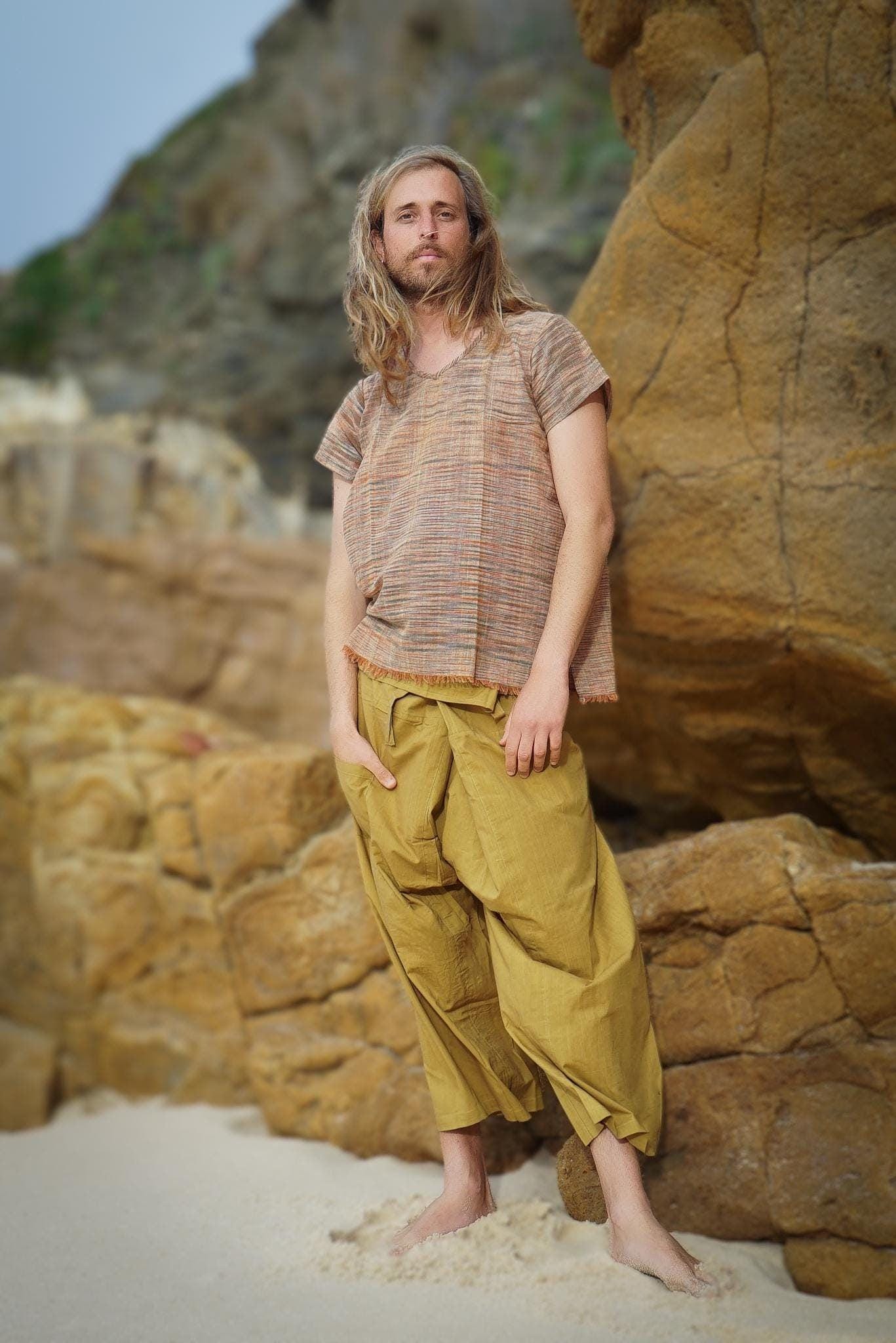 Earthy Fisherman Pants, Natural Thai Pants, Natural Cotton Pants, Yellow Pants, Drop Crotch Pants, Unisex Pants, Hippie Pants, Yoga Pants