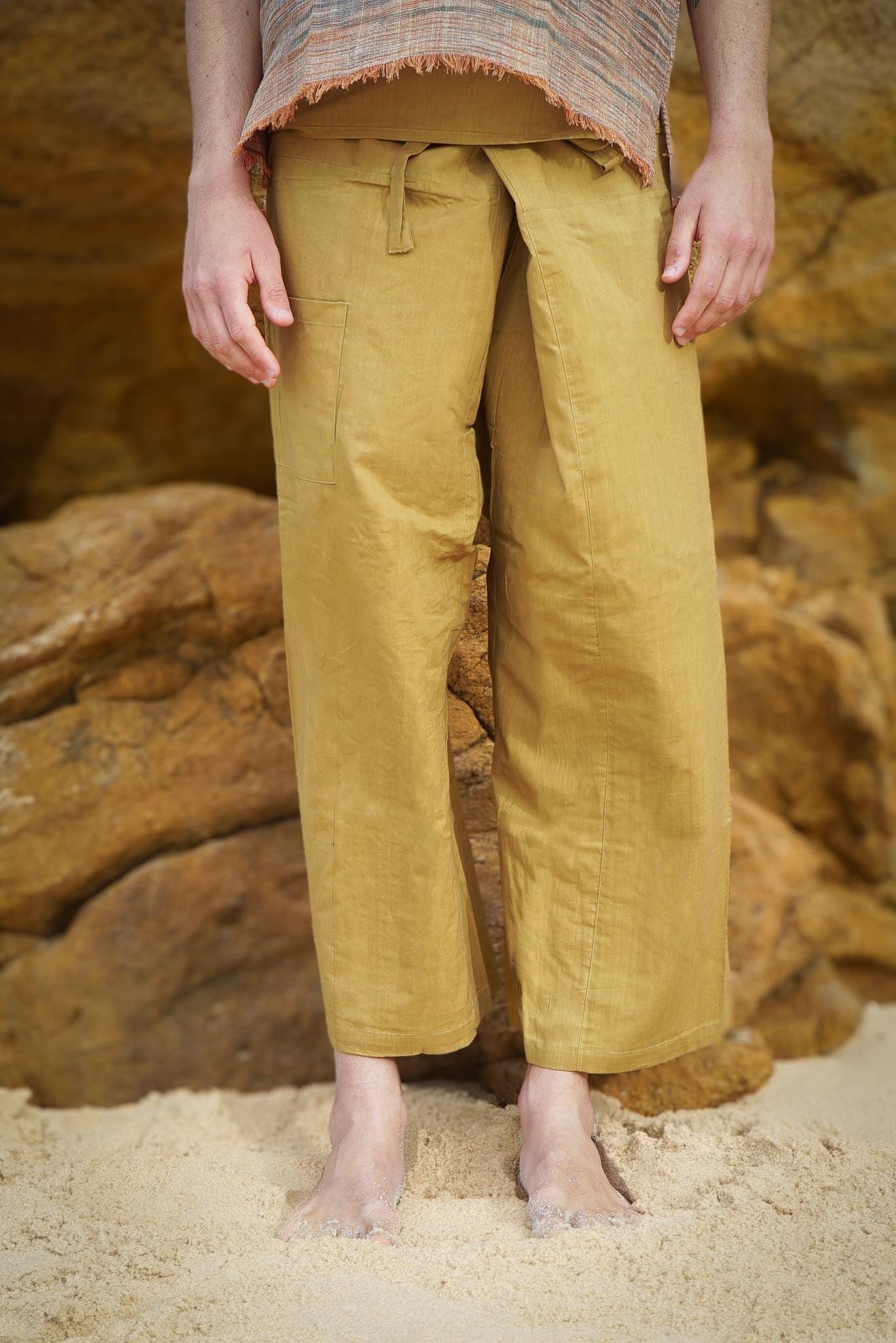 Earthy Fisherman Pants, Natural Thai Pants, Natural Cotton Pants, Yellow Pants, Drop Crotch Pants, Unisex Pants, Hippie Pants, Yoga Pants