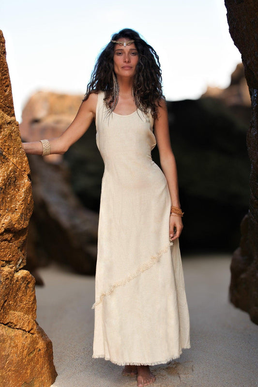 Natural Raw Silk Boho Dress, Cream White Maxi Dress, Bohemian Clothing, Long Raw Silk Dress,  Natural Silk Dress, Wedding Dress, Ceremonial