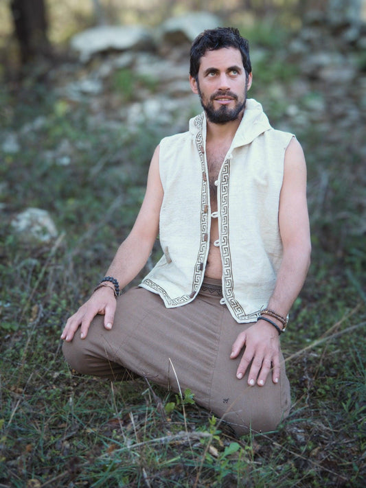 Men's Tribal Hooded Vest, Hoodie Vest, Men Waistcoat, Khadi Cotton Vest, Earthy Clothing, Hooded Shirt, Organic Men's Wear, Hand Made Vest