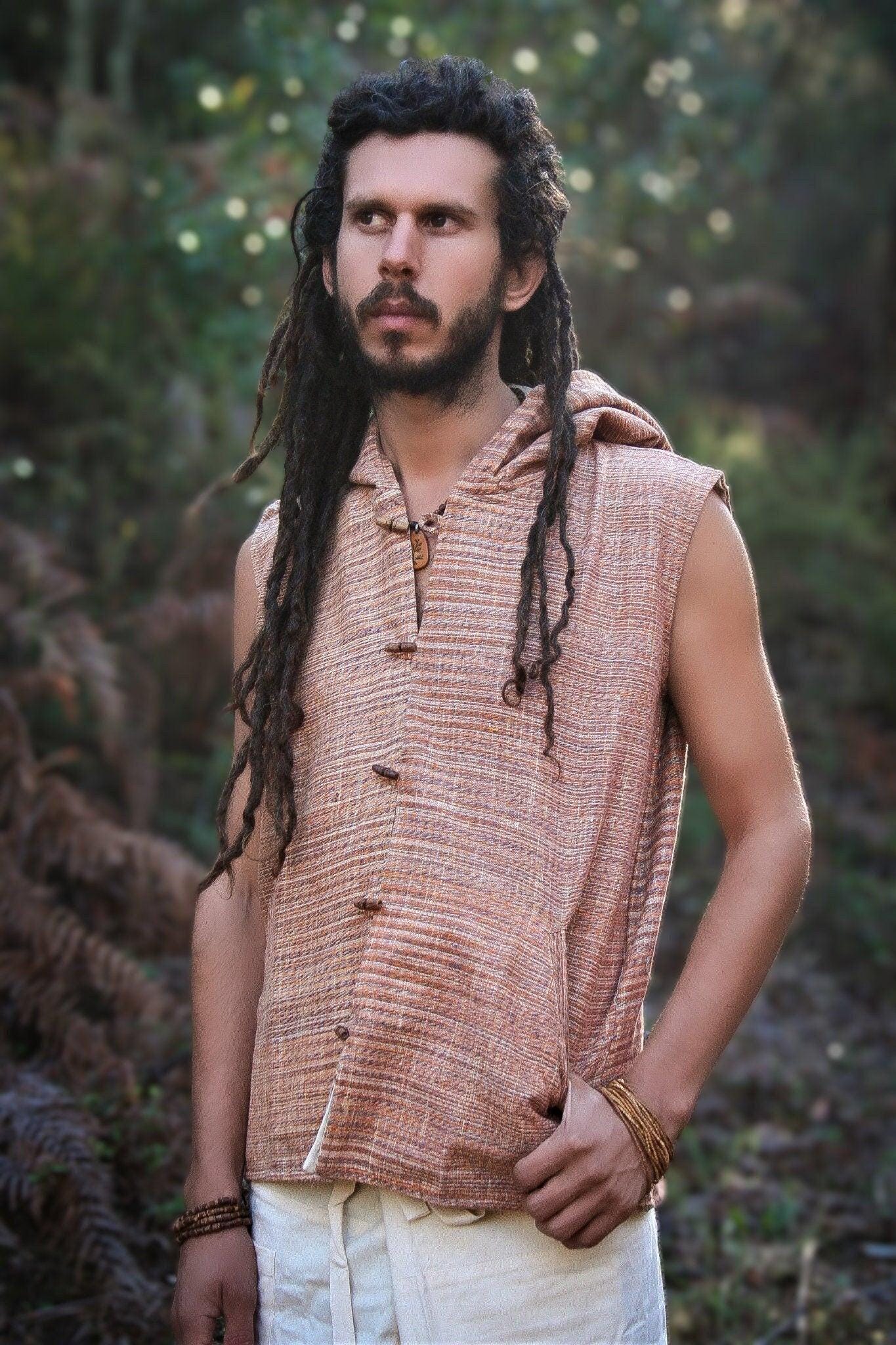 Men Boho Vest, Hooded Vest, Men Waistcoat, Khadi Cotton Vest, Earthy Clothing, Hippie Vest, Hooded Shirt, Psytrance Clothing, Beach Festival