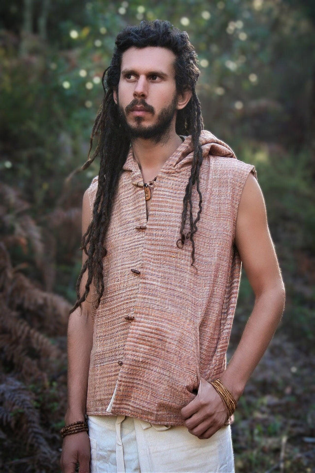 Men Boho Vest, Hooded Vest, Men Waistcoat, Khadi Cotton Vest, Earthy Clothing, Hippie Vest, Hooded Shirt, Psytrance Clothing, Beach Festival