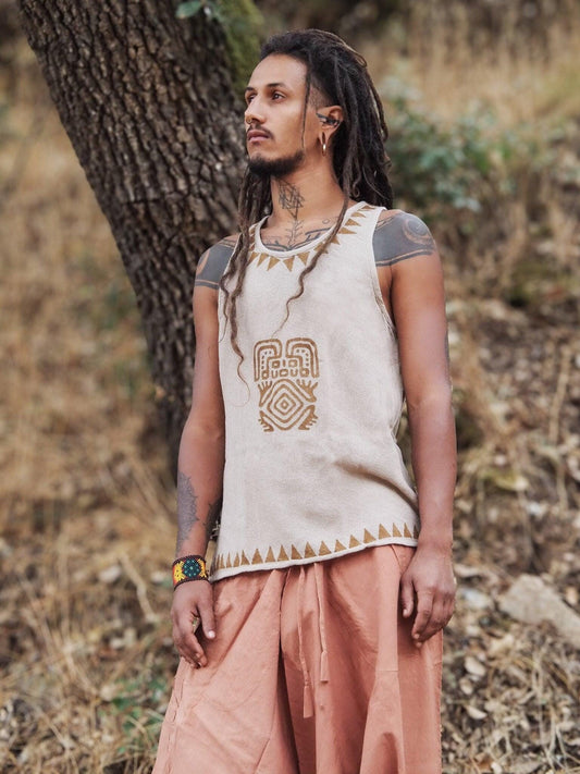 Men's Tribal Block Print Shirt, Earthy Men Top, Natural Men Shirt, Ethnic Men Wear, Earthy Clothing, Hippie Clothing, Psytrance Clothing