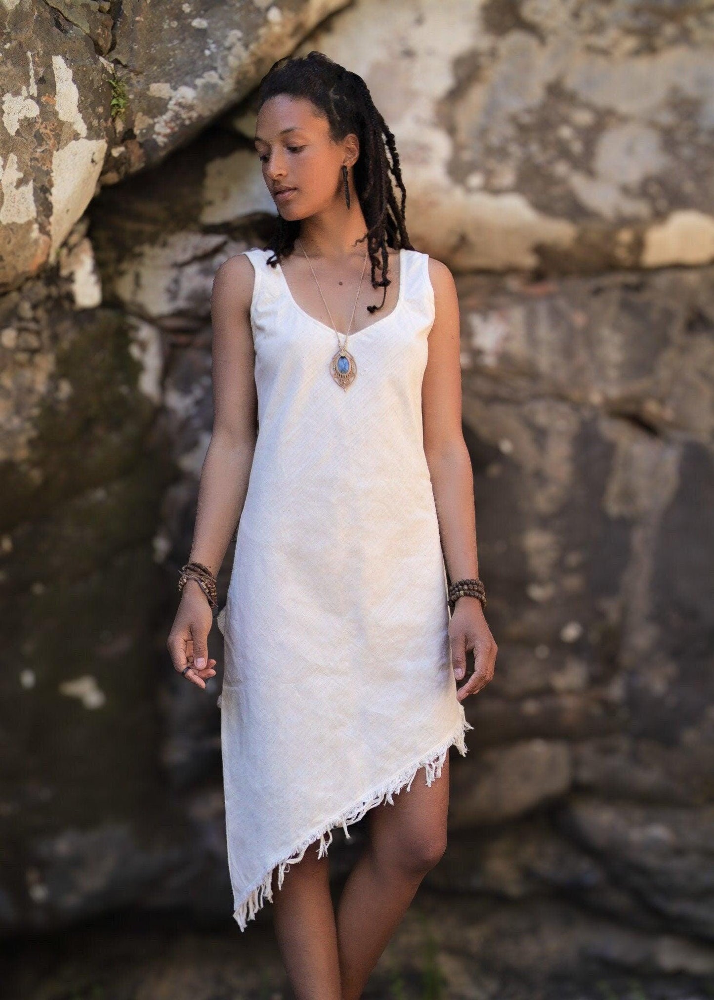 Goddess Cotton Fringe Dress, White Boho Midi Dress, Assymetric Cotton Dress, Frayed Boho Dress, Short Summer Dress, Earthy Clothing