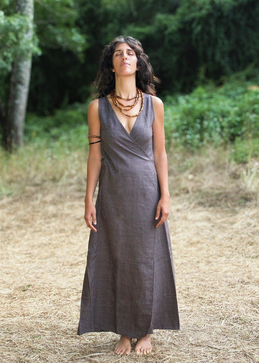 Raw Silk Wrap Dress, Tribal Clothing, Boho Wrap Dress, Beach Dress, Loose Maxi Dress, Natural Clothing, Ceremonial Dress, Sleeveless Dress